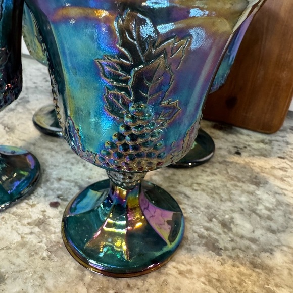Vintage Glass Goblets with Grape Design, Iridescent Blue, Set of 4 - Picture 2 of 4